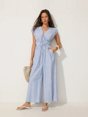 Cotton-blend V-neck Stripes Drawstring Wide Leg Jumpsuit