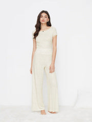 Round Neckline Ditsy Floral Lace Trim Top & Mid Rise Elastic Waist Wide Leg Trousers Loungewear Set