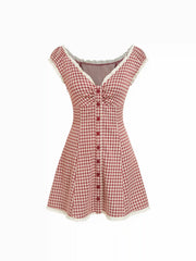 Gingham V-neck Short Sleeve Ruched Lace Trim A-line Mini Dress
