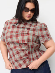 Plaid Stand Collar Puff Sleeve Tie Back Button Blouse Curve & Plus