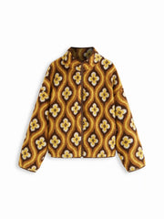 Fleece Stand Collar Geometric Zip Through Oversized Jacket