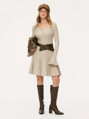 Ribbed Knit Round Neck Bell Sleeve Pleated Mini Dress