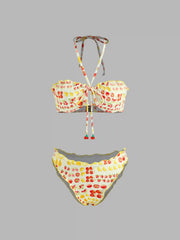 Halter Neckline Fruit & Vegetable Cherry Detail Lettuce Trim Underwire Cheeky Bikini Set