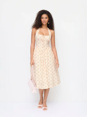 Cotton-blend Sculptural Halter Neck Ditsy Floral Shirred Milkmaid Midi Dress
