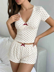 Viscose-blend Polka Dot V-Neck Ruched Crop Top & Elastic Waist Shorts Set