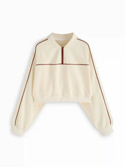Cotton-blend Stand Collar Striped Half Zip Oversized Sweatshirt