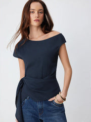Linen-blend Asymmetrical Neck Blouse With Belted