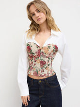 Cotton-blend V-neck Collar Floral Patched Corset Long Sleeve Blouse