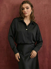 Satin Collar Long Sleeve Metal Button Oversized Shirt