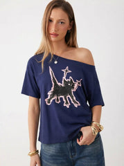 Cat Graphic Asymmetrical Neck Short Sleeve Tee
