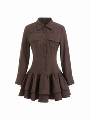 Striped Collar Long Sleeve Button Lace Up Layered Mini Dress