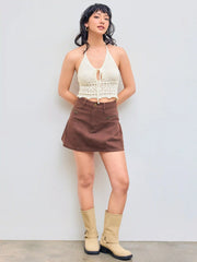 Halter Knotted Lettuce Trim Crop Cami Tank Top