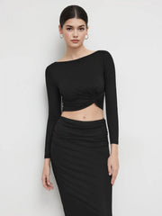 Boat Neckline Solid Twist Long Sleeve Crop Top & Mid Rise Solid Ruched Maxi Skirt