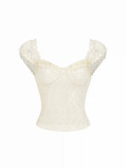 Textured Lace Sweetheart Puff Sleeve Ruched Top