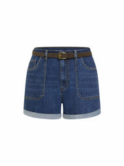 Stretch Denim Washed Mid Rise Roll Hem Shorts With Belt Curve & Plus