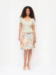 Knit Floral U-neckline Short Sleeve Embroidery Bowknot Top