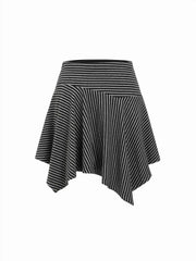 Cotton-blend Asymmetrical Neck Stripe Top & Mid Rise Hanky Hem Midi Skirt Set