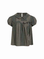 Cotton-blend Peter Pan Collar Check Bowknot Oversized Blouse
