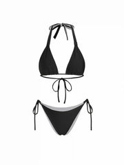 Colorblock Reversible Halter Neck Ruched Tie Side Triangle Bikini Set
