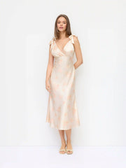 Satin V Neck Floral Mermaid Maxi Dress with Shoulder Bowknot