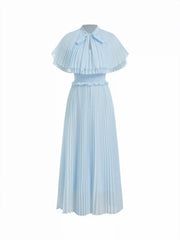 Chiffon Stand Collar Cloak Sleeve Pleated Shirred Flared Maxi Dress