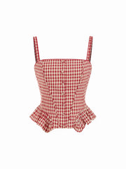 Cotton Gingham Ruched Peplum Crop Cami Top
