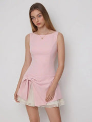 Bowknot Asymmetrical Hem Sleeveless Mini Dress