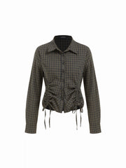 Cotton-blend Plaid Drawstring Long Sleeve Shirt