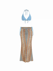 Halter Neckline Triangle Tie Side Bikini Set With Aztec Ruched Beach Skirt