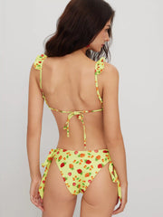 V-neck Fruit Knotted Lettuce Trim Triangle Cheeky Bikini Set