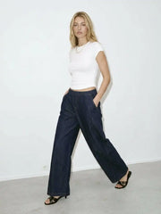 Washed Denim Low Rise Straight Leg Trousers