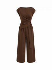 Boat Neck Ruched Metal Detail Wide Leg Jumpsuit