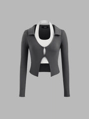 Halter Two Tone Long Sleeve Crop Top