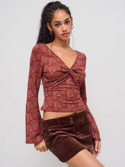 V-neck Floral Twist Long Sleeve Top