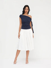 Cotton-blend Asymmetrical Neck Polka Dot Ruched Knotted Top