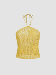Knitted Crochet Halter Neckline Floral Hollow Out Top