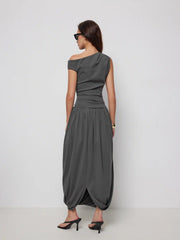 Cotton-blend Asymmetrical Off-shoulder Top & Mid Rise Bubble Hem Cocoon Midi Skirt Set