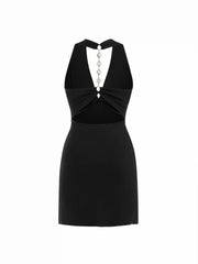 V-neck Ruched Backless Rhinestone Chain Mini Dress