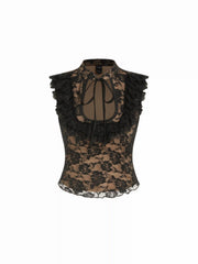 Lace Floral Mandarin Collar Tie Front Top