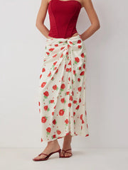 Satin Mid Rise Floral Wrap Bodycon Maxi Skirt