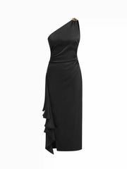 Satin Asymmetrical Neck Metal Detail Ruffled Maxi Dress