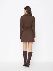 Polo Neck Drawstring Ruched Long Sleeve Mini Dress
