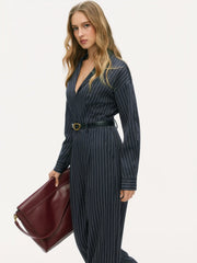 V-neck Striped Wide Leg Jumpsuit With Belt