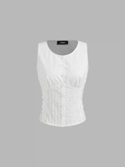 Cotton-blend Button Up Lace Trim Tank Top