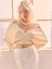 V-neck Solid Lace Knit Crop Wrap Sweater