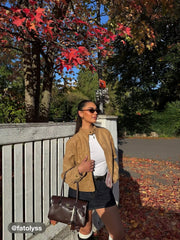 Suede Stand Collar Long Sleeve Zip Through Oversized Jacket