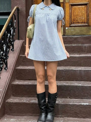 Cotton-blend Peter Pan Collar Puff Sleeve Check Smock Drawstring Mini Dress
