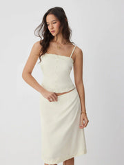 Satin Lace Trim Button Cami Top & Mid Rise Midi Skirt Set