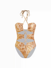 Floral Halter Neck Ruched Cut Out Criss Cross One-piece Swimsuit