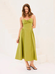Linen-blend Sweetheart Twist Knotted Flared Maxi Dress